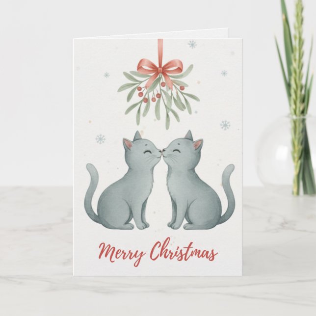 Tarjeta Kissing Kittens Under the Mistletoe Christmas Card (Anverso)