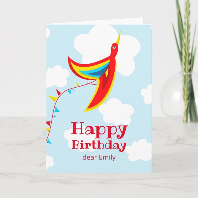 Tarjeta Kite Bird Diversión Cute Feliz cumpleaños a los ni (Anverso)
