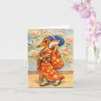 Tarjeta Kitsune en kimono con abanico