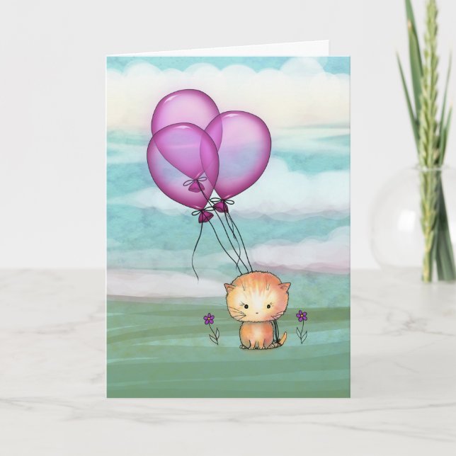 Tarjeta Kitten de cumpleaños con globos morados (Anverso)