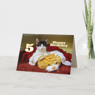 Tarjeta Kitten de quinto cumpleaños con tigre de juguete