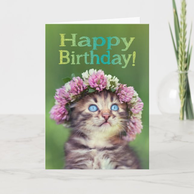 Tarjeta Kitten lindo vistiendo flores en la cabeza Cumplea (Anverso)