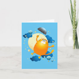 Tarjeta Kitten lindo volando con paraguas