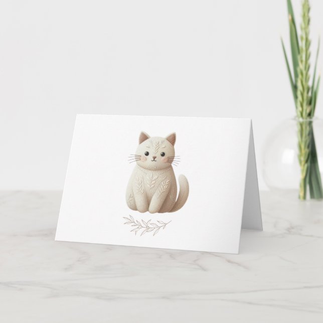 Tarjeta Kitty beige bordado con detalles botánicos de boho (Anverso)