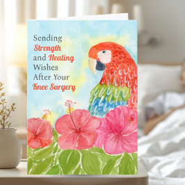 Tarjeta Knee Surgery Healing with Scarlet Macaws, Hibiscus