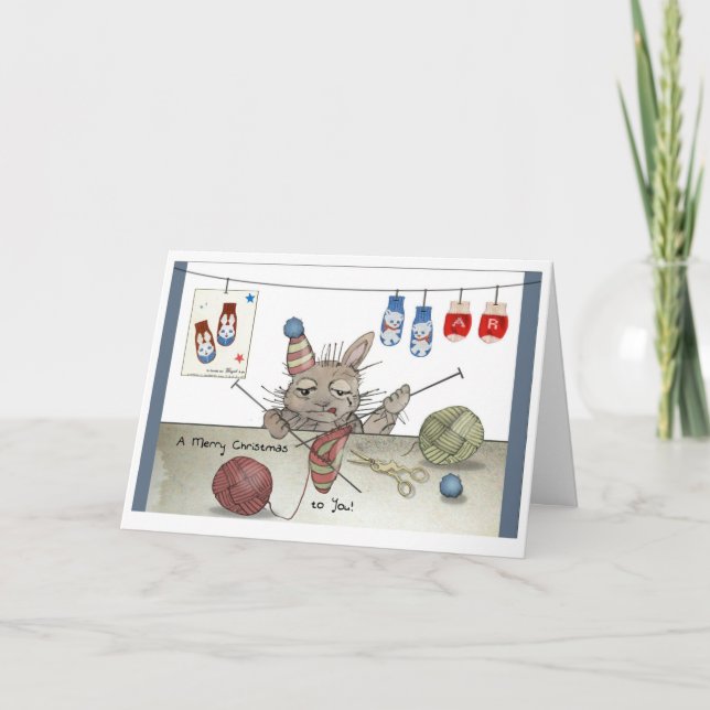 Tarjeta Knitting Rabbit Christmas Card (Anverso)