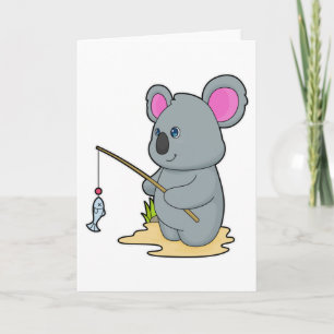 Tarjeta Koala como pescador con caña de pescar y pez
