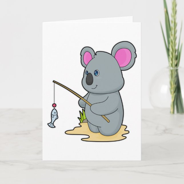 Tarjeta Koala como pescador con caña y pescado (Anverso)