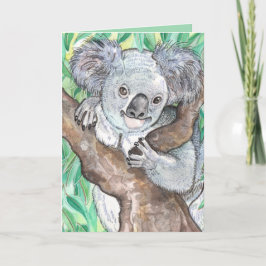 Tarjeta Koala en pintura de árboles de eucalipto