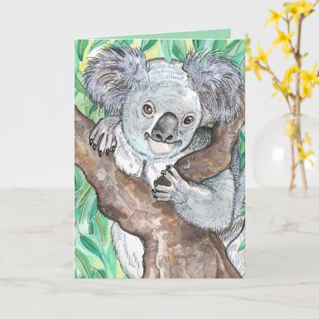 Tarjeta Koala en pintura de árboles de eucalipto (flor amarilla)