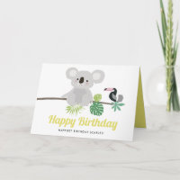 Koala linda y cumpleaños tropical de Toucan feliz