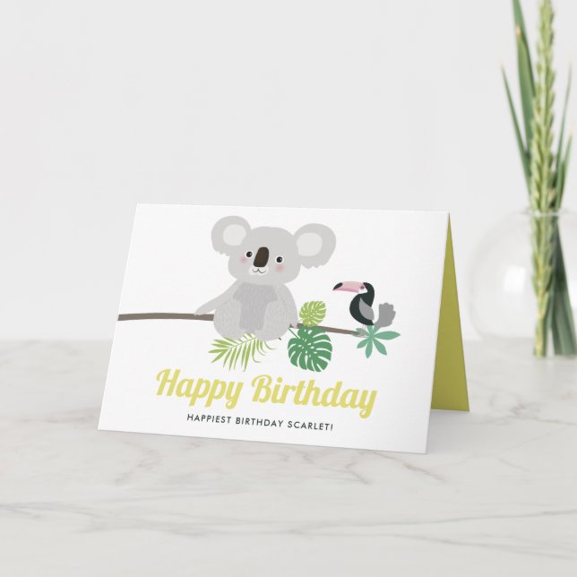 Tarjeta Koala linda y cumpleaños tropical de Toucan feliz (Anverso)
