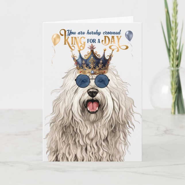 Tarjeta Komondor Dog King por un día divertido cumpleaños (Anverso)