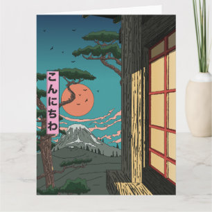 Tarjeta Konnichiwa Puesta de sol japonesa
