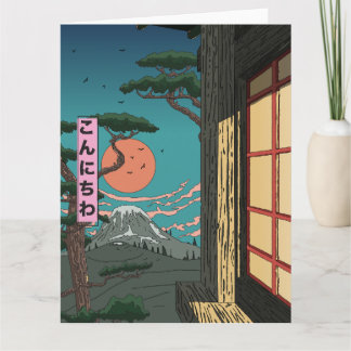 Tarjeta Konnichiwa Puesta de sol japonesa