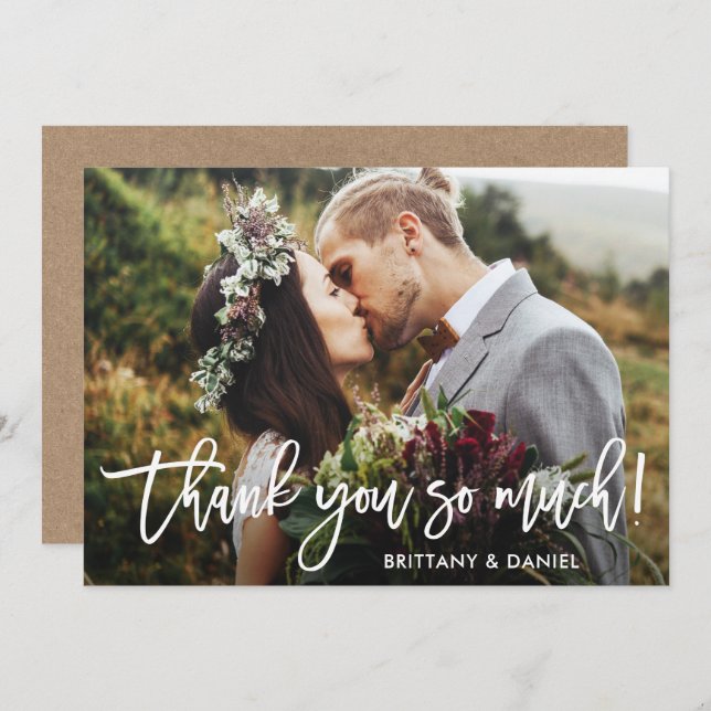 Tarjeta Kraft de Boda con Letra de Pincel Gracias  (Anverso / Reverso)