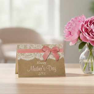 Tarjeta Kraft, Lace y Pink Bow Feliz Día de la Madre