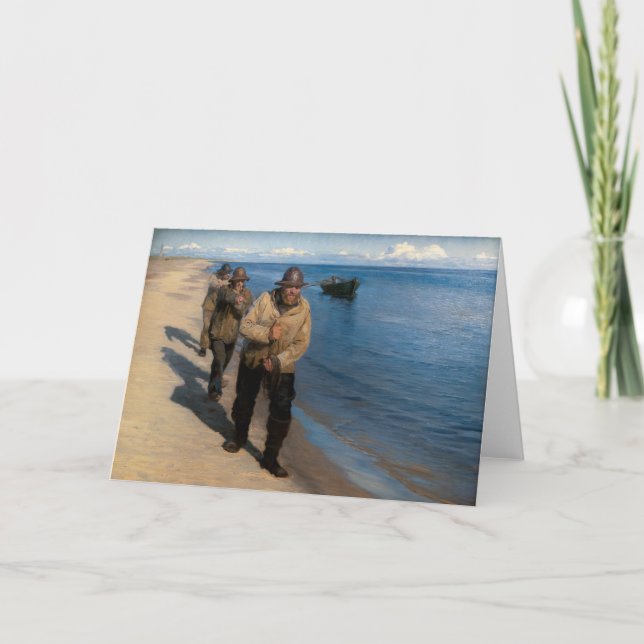 Tarjeta Kroyer - Tres pescadores lanzando un bote (Anverso)