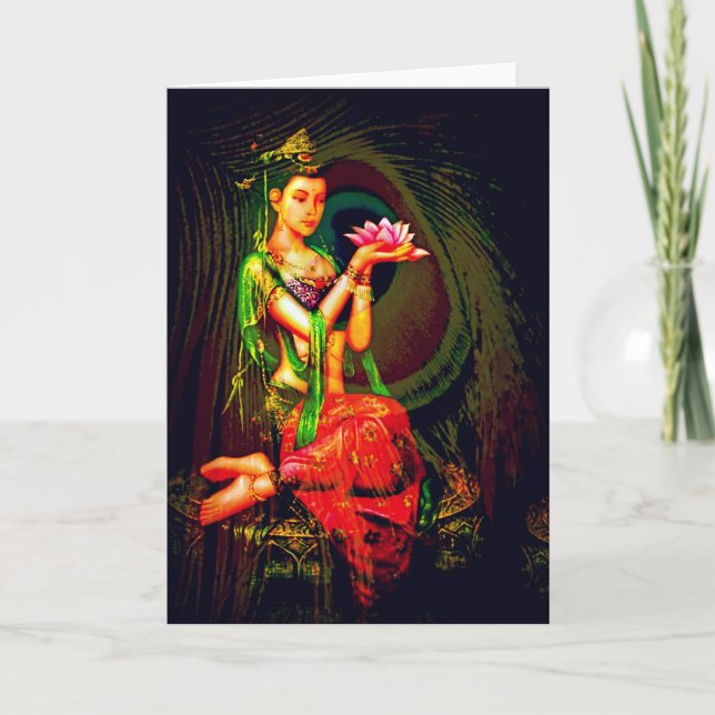 Tarjeta Kuan Yin y la pluma del pavo real (Anverso)