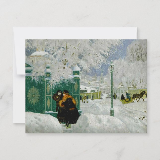 Tarjeta Kustodiev - Escena de invierno, pintura artística  (Anverso)