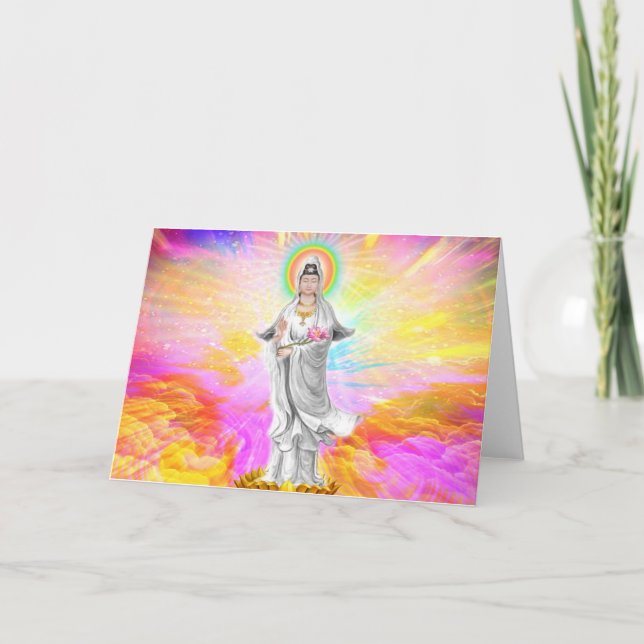 Tarjeta Kwan Yin la diosa de la compasión con rosa (Anverso)