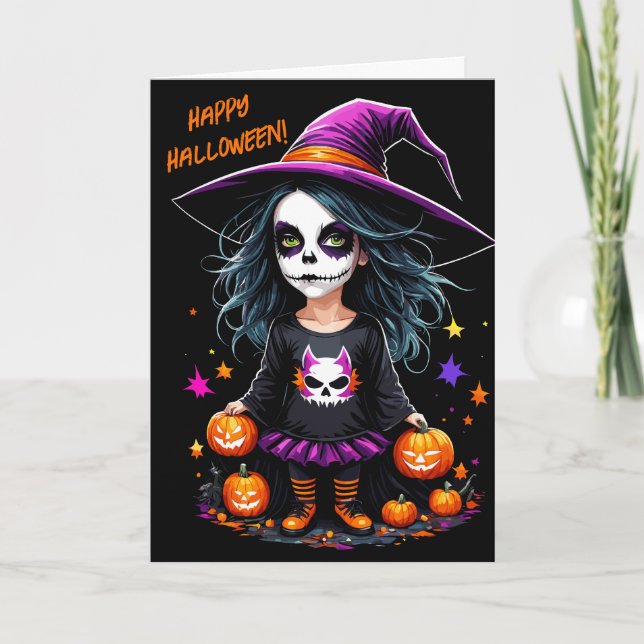 Tarjeta La adorable bruja de Halloween de Kawaii (Anverso)