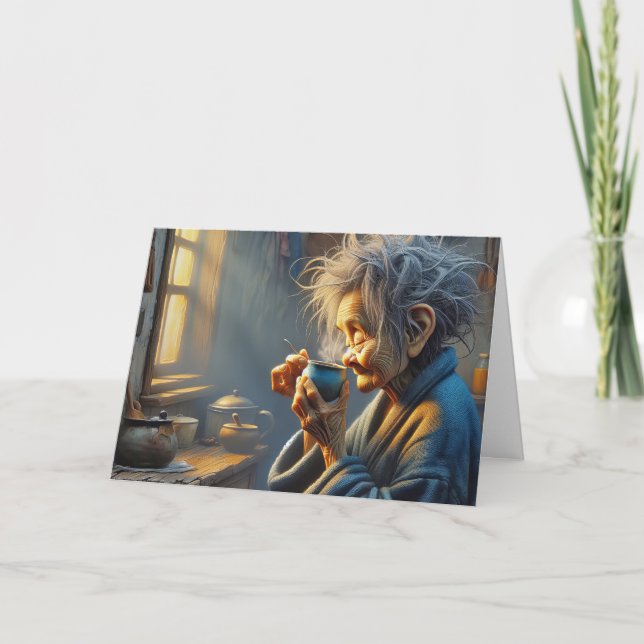Tarjeta La anciana bebe café matutino (Anverso)