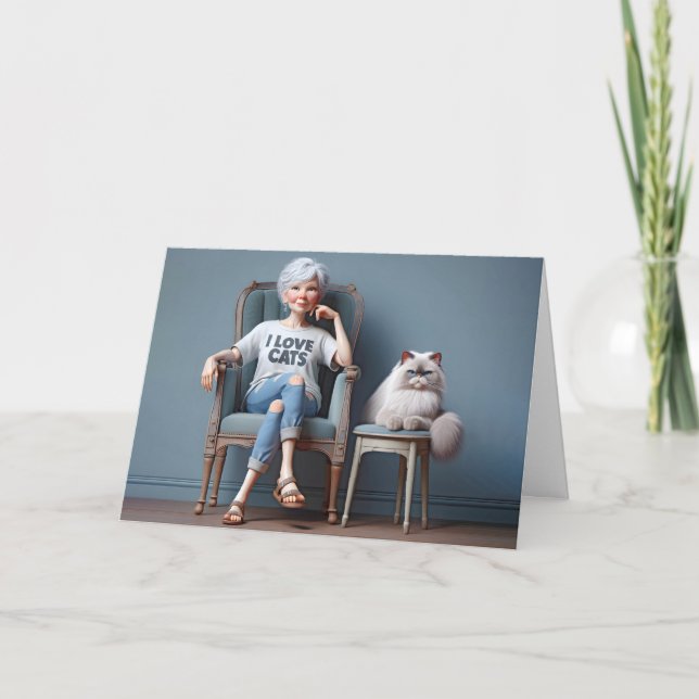 Tarjeta La anciana con la camiseta de los gatos me encanta (Anverso)