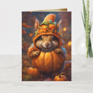Tarjeta La ardilla de la calabaza de otoño, feliz fiesta d