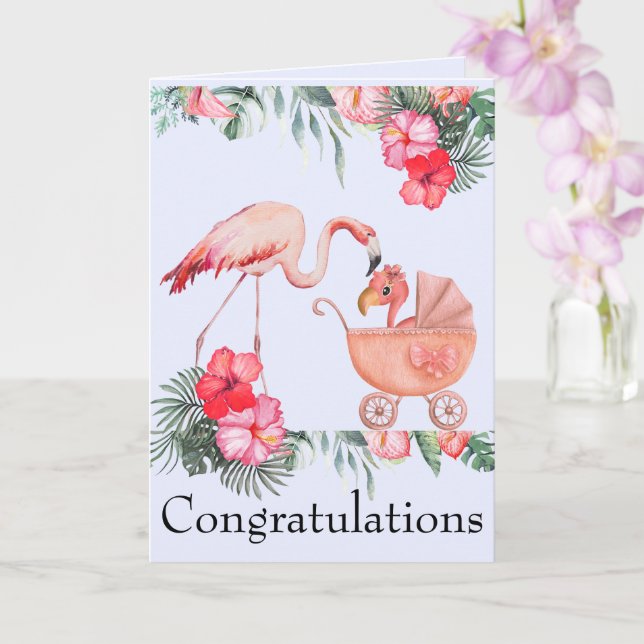 Tarjeta La bebé recién nacida felicita a los flamencos ros (Orquídea)