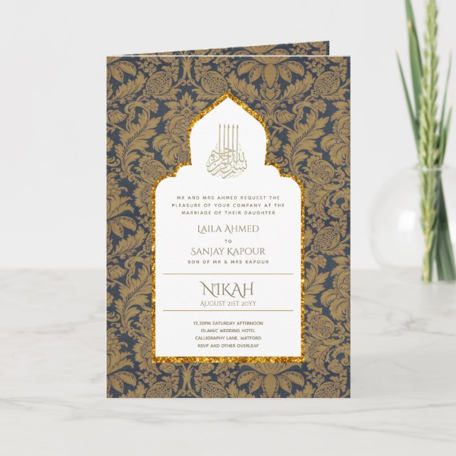 Tarjeta La boda islámica azul LeahG invita a Nikah (Anverso)
