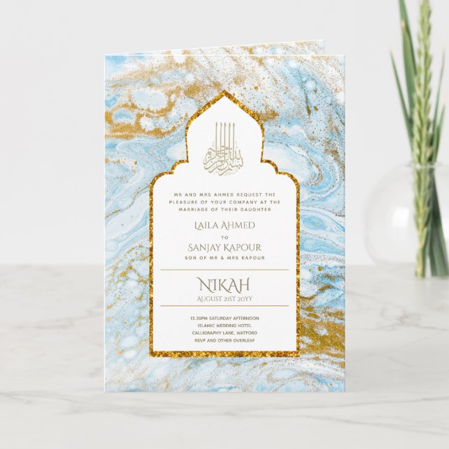 Tarjeta La boda islámica azul LeahG invita a Nikah (Anverso)