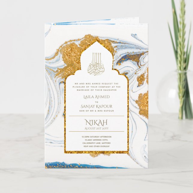 Tarjeta La boda islámica azul LeahG invita a Nikah (Anverso)