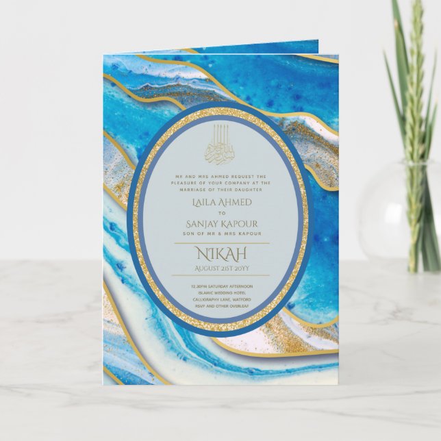 Tarjeta La boda islámica azul LeahG invita a Nikah (Anverso)