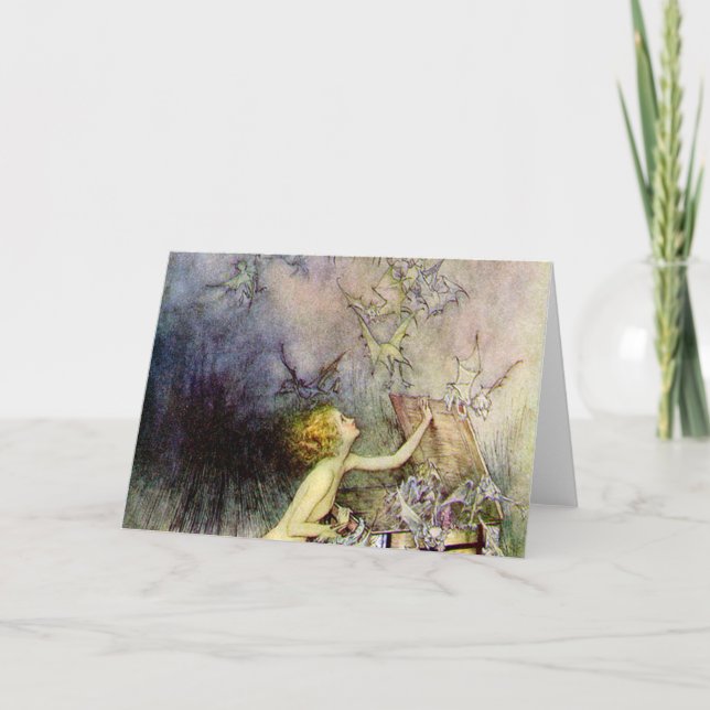 Tarjeta La caja de Pandora de Arthur Rackham (Anverso)