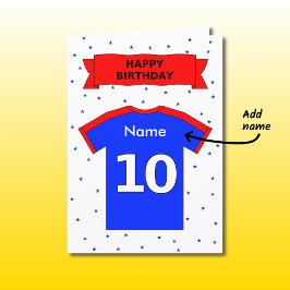 Tarjeta la camiseta azul roja del 10mo cumpleaños añade un