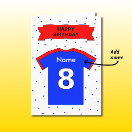 Tarjeta la camiseta azul roja del 8vo cumpleaños añade un