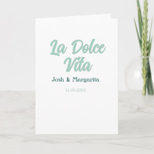 Tarjeta La Dolce Vita verde azul pastel nombre fecha boda