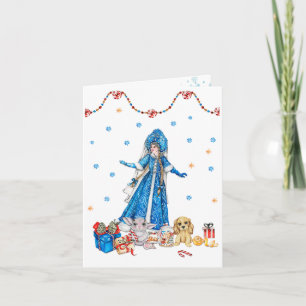 Tarjeta La doncella de nieve con vestido de Navidad