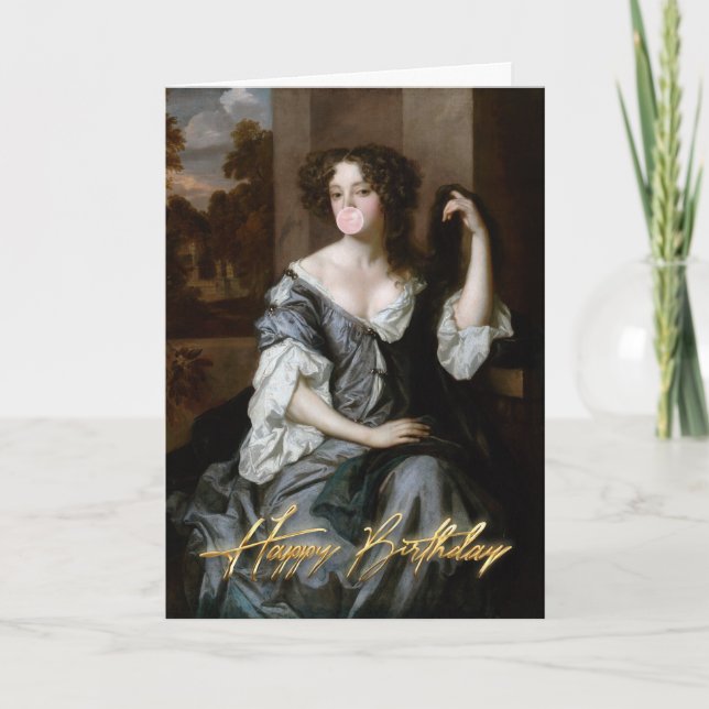 Tarjeta La duquesa que sopla un chicle rosado Feliz cumple (Anverso)