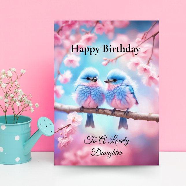 Tarjeta La encantadora hija Pastel Fluffy Bluebirds Cumple (Charming daughter's birthday: Fluffy bluebirds and cherry blossoms in pastel hues.)
