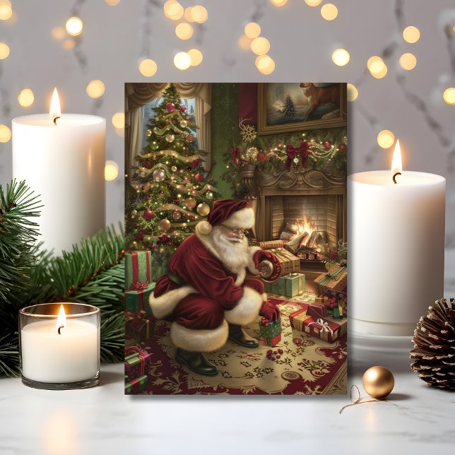 Tarjeta La entrega mágica de Navidad de Santa (Santa delivers gifts by firelight in this nostalgic Christmas greeting card)