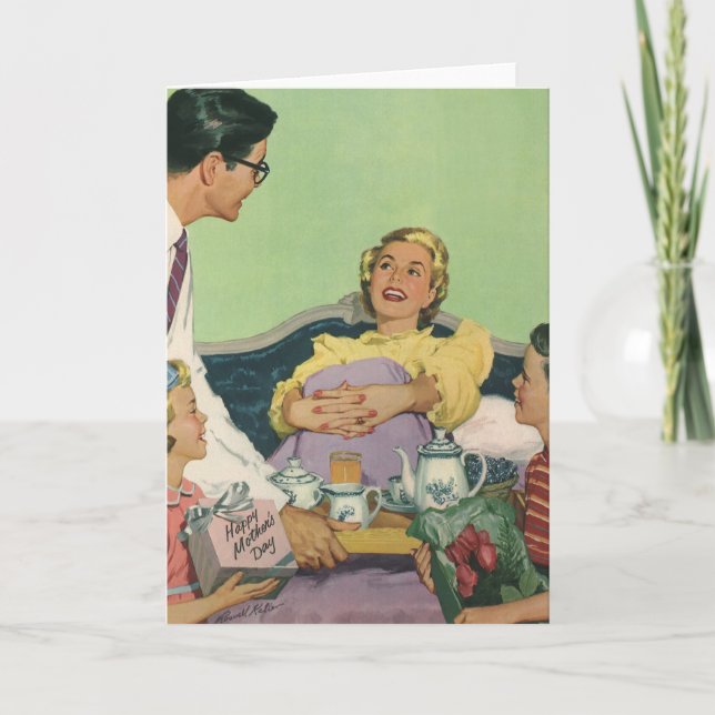 Tarjeta La familia Retro sirve el desayuno de mamá en la c (Anverso)