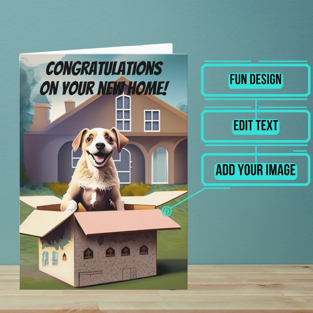 Tarjeta La felicidad es desempacar nuevas felicitaciones e (Use this card to wish new homeowners congratulations in a unique and personalized way. )