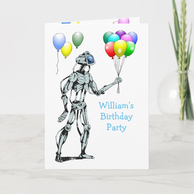 Tarjeta La fiesta de cumpleaños del robot y los globos (Anverso)