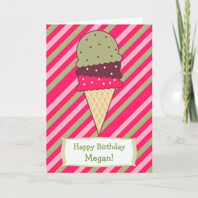 Tarjeta La fresa linda raya cumpleaños del cono de helado (Anverso)