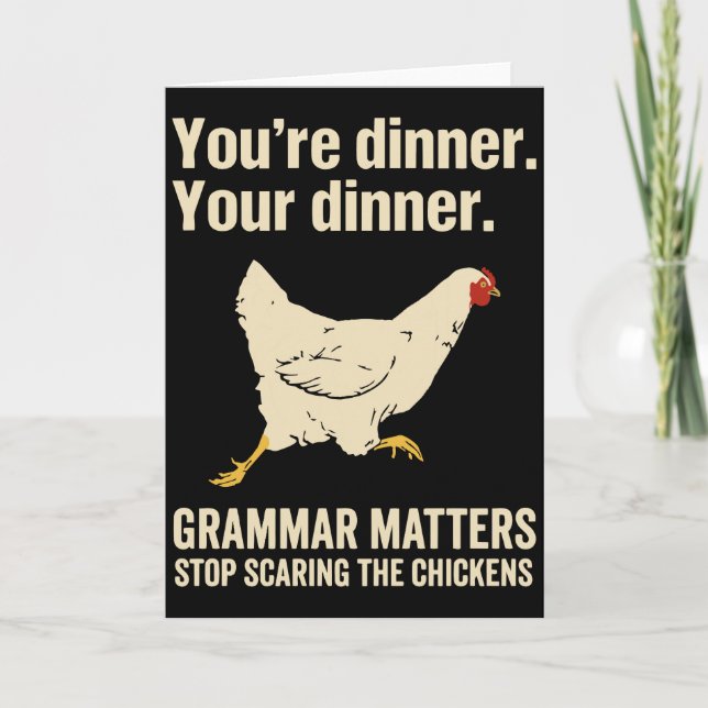 Tarjeta La gramática importa Deja de asustar a las gallina (Anverso)