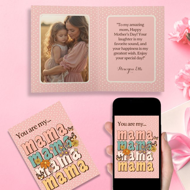 Tarjeta La Groovy Mama personalizada ruboriza con la foto  (Personalized Groovy Mama blush with Photo folded Card)