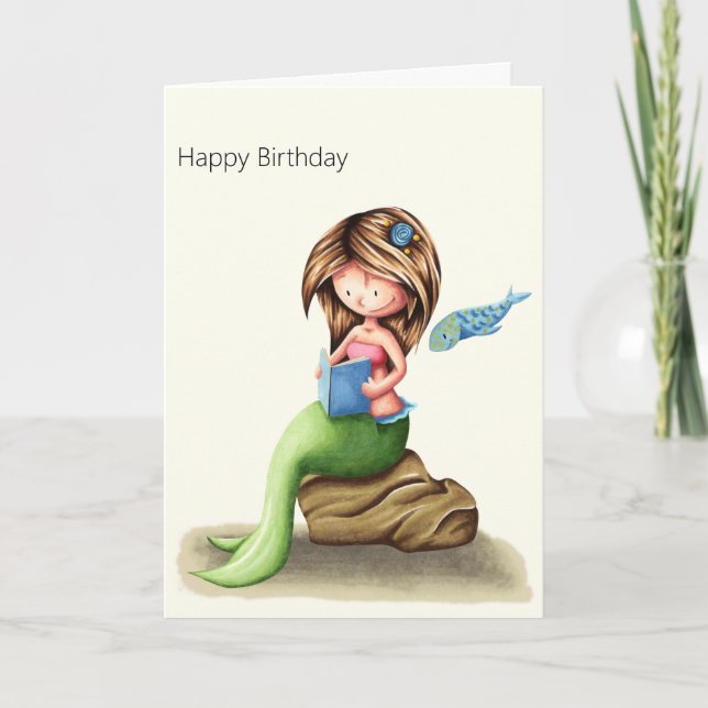 Tarjeta La ingeniosa sirena leyendo feliz cumpleaños perso (Anverso)