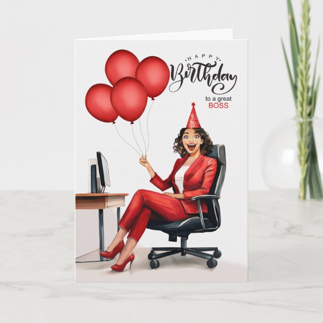 Tarjeta La jefa de negocios roja en su oficina (Anverso)